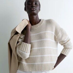 Quince 100% Organic Cotton Striped Crew Sweater – Beige/Ivory (XS)